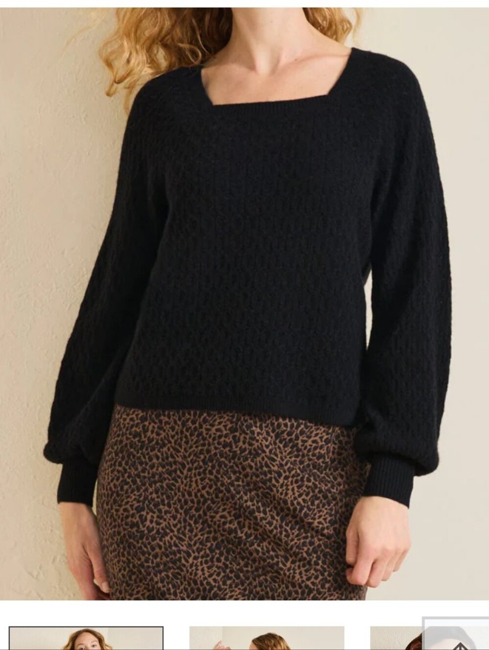 Garnet Hill Black Cashmere Square Neck Blouson Sleeve Sweater Size M